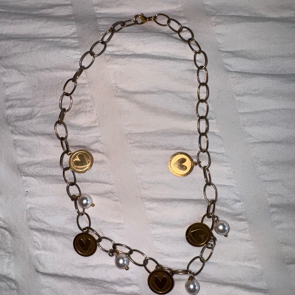 Gold-Tone Heart Charm Chain Necklace with Faux Pearls